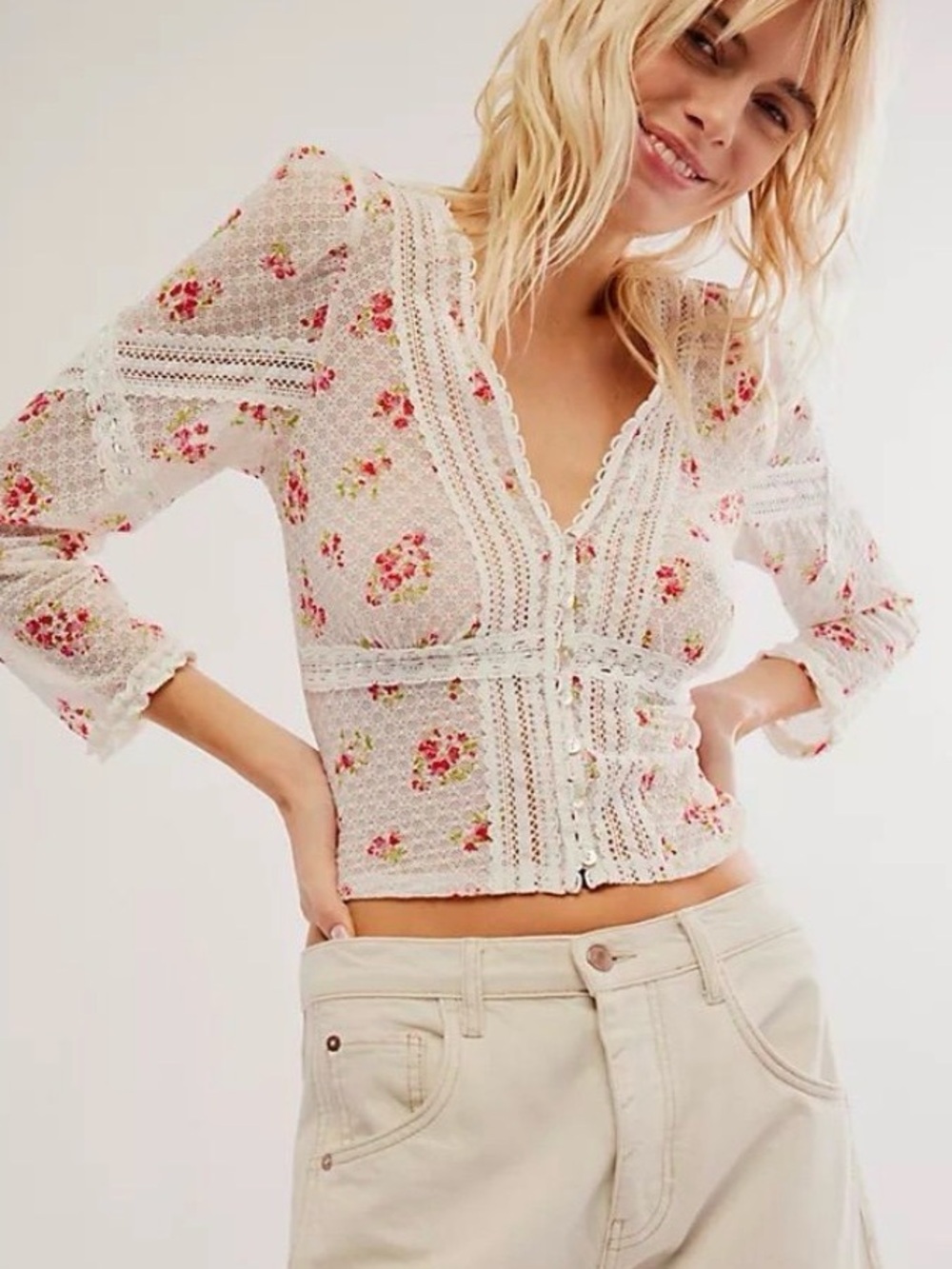 Free People Floral Lace-Trim Button-Front Crop Top in White with Pink Roses